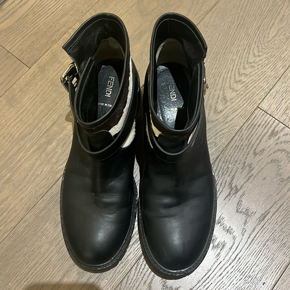 Fendi Black leather zebra pony hair ankle boots
